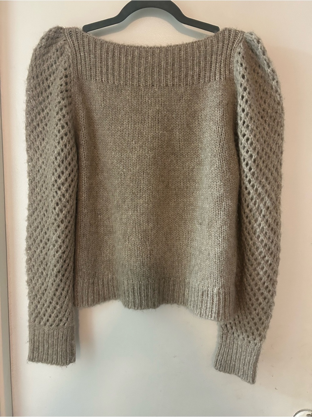 LoveShackFancy Alpaca Taupe Open-Stitch Puff-Sleeve Crew Sweater